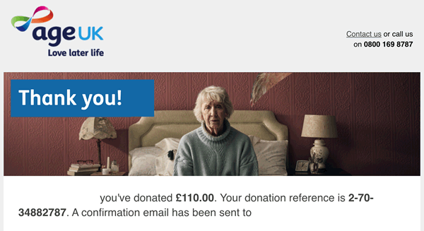 Thank you from AgeUK acknowledging our donation