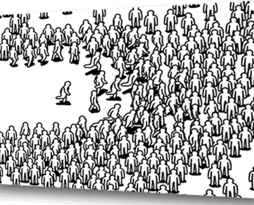 Cartoon image of crowd running