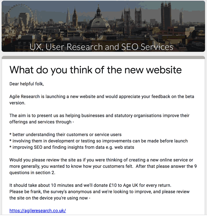 Introductory page of web survey investigating how the new website was perceived