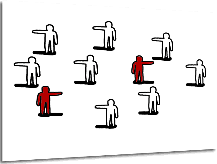 10 cartoon figures standing at a social distance with 2 picked out in red
